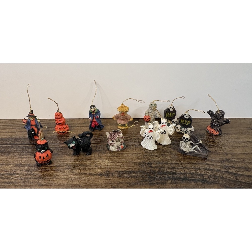 Vintage Mini Resin 1.5" Halloween Figure Ornament Hangs Ghost Witch Skeleton